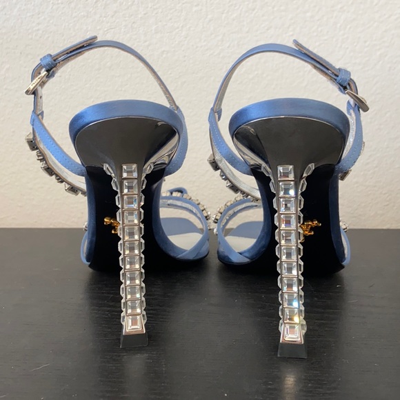 NIB Prada Satin Blue Ribbon Jeweled Gem Embellished Heeled Sandals - Picture 6 of 17